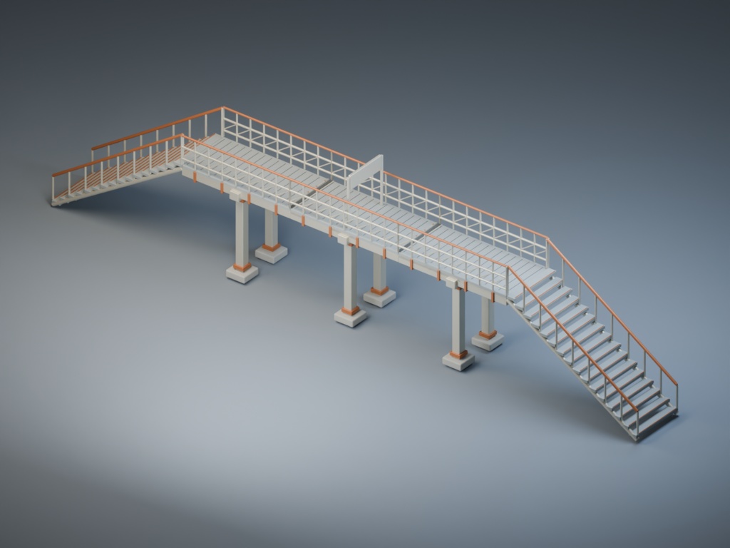 歩道橋の構造モジュール|8部材・直線と直角の配置【Blender・GLB】