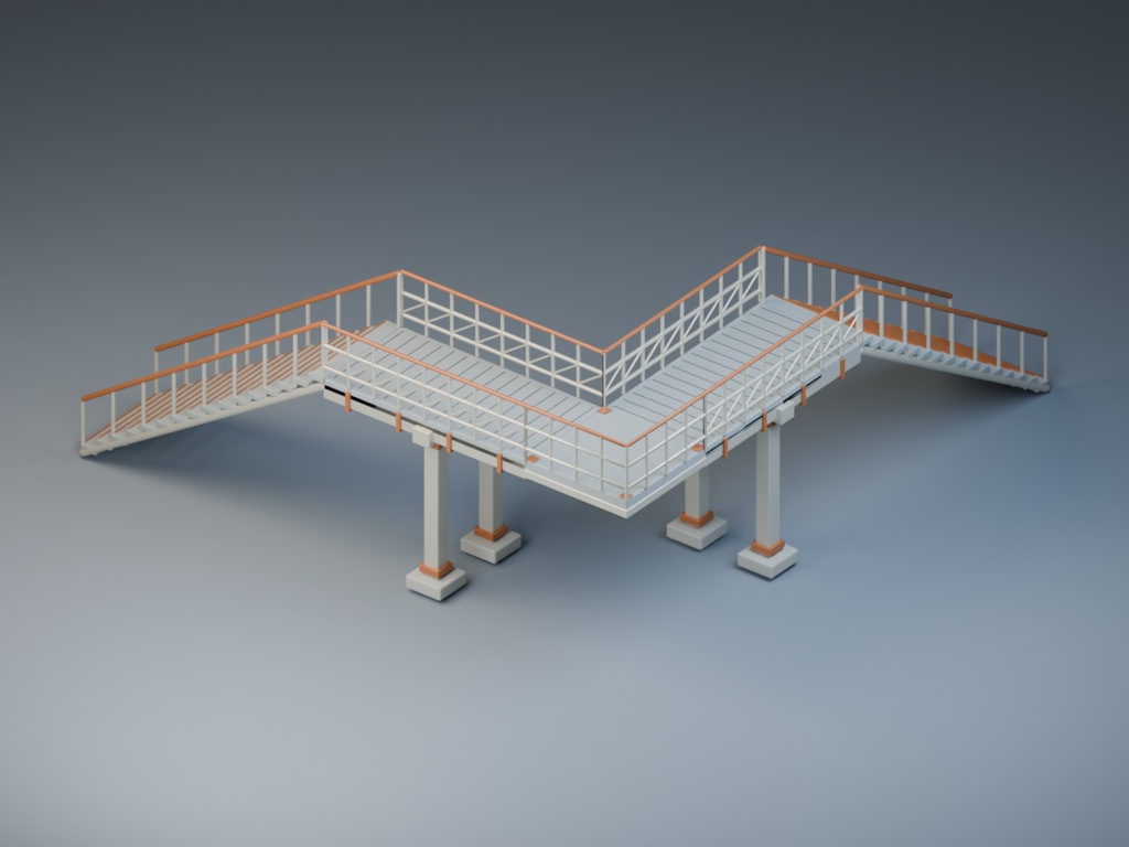 歩道橋の構造モジュール|8部材・直線と直角の配置【Blender・GLB】