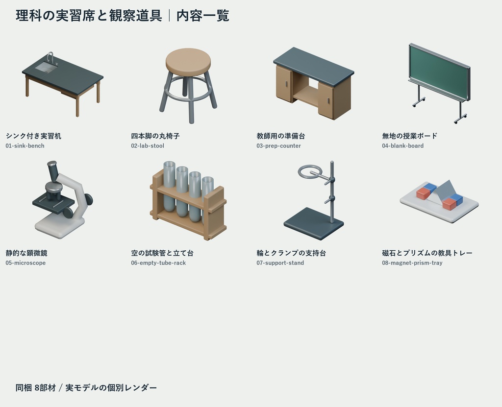 理科の実習席と観察道具|流し付き机・顕微鏡など8組