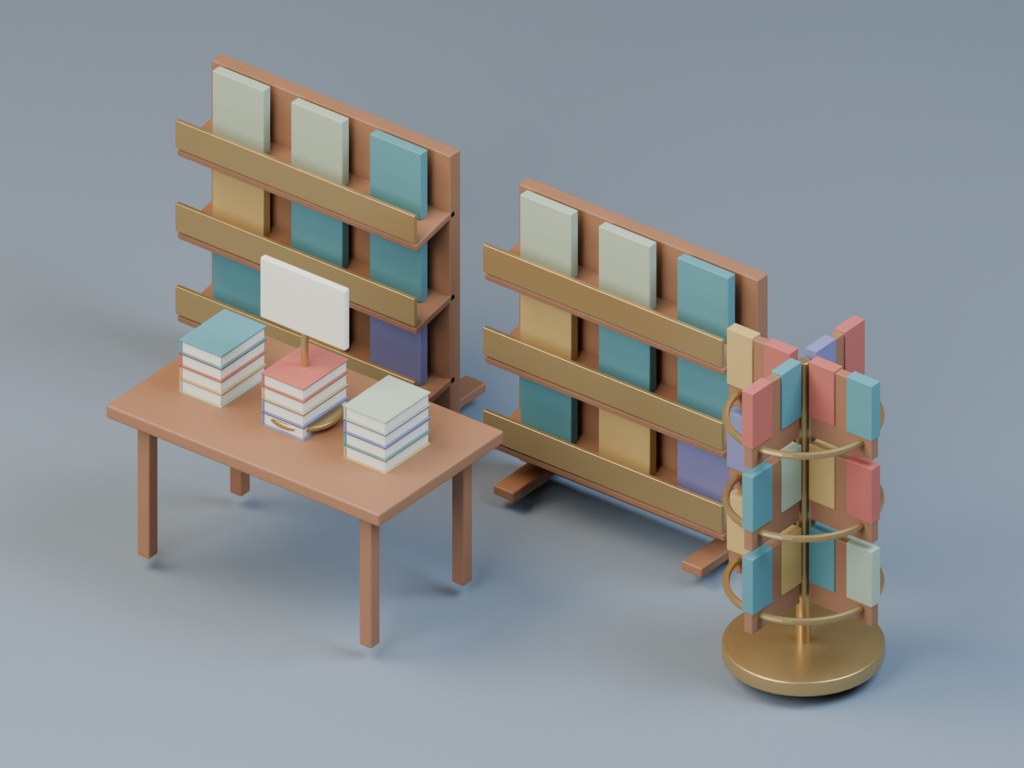 本を並べる小さな書店|Blender・GLBの8組
