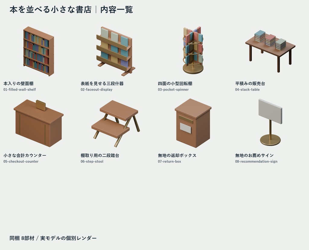 本を並べる小さな書店|Blender・GLBの8組