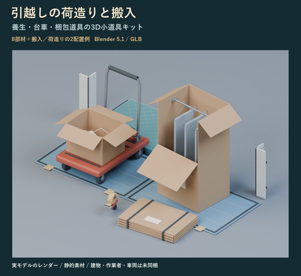 引越しの荷造りと搬入｜養生・台車・梱包小道具8部材と2配置例