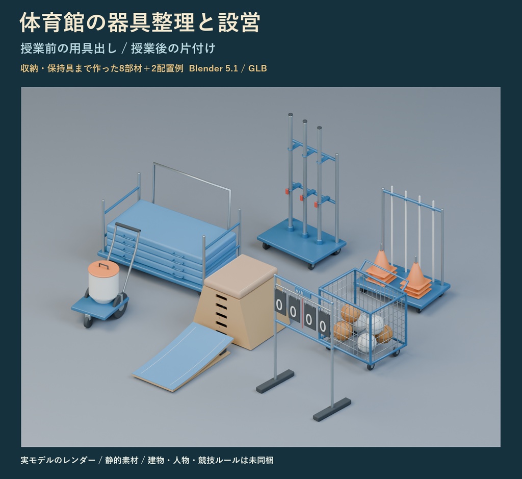 体育館の器具整理と設営|用具出し・片付けの8部材と2配置例