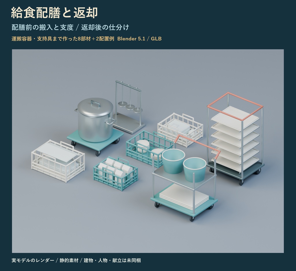 給食の配膳支度と返却整理｜8部材の3D小物＋配置例