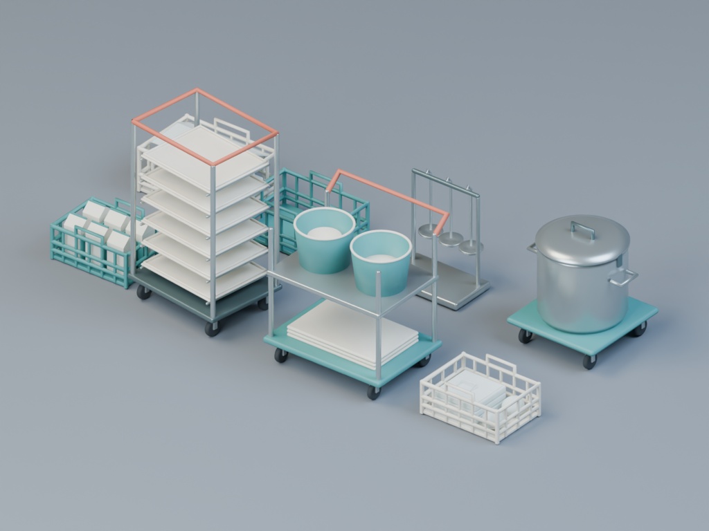 給食の配膳支度と返却整理|8部材の3D小物+配置例