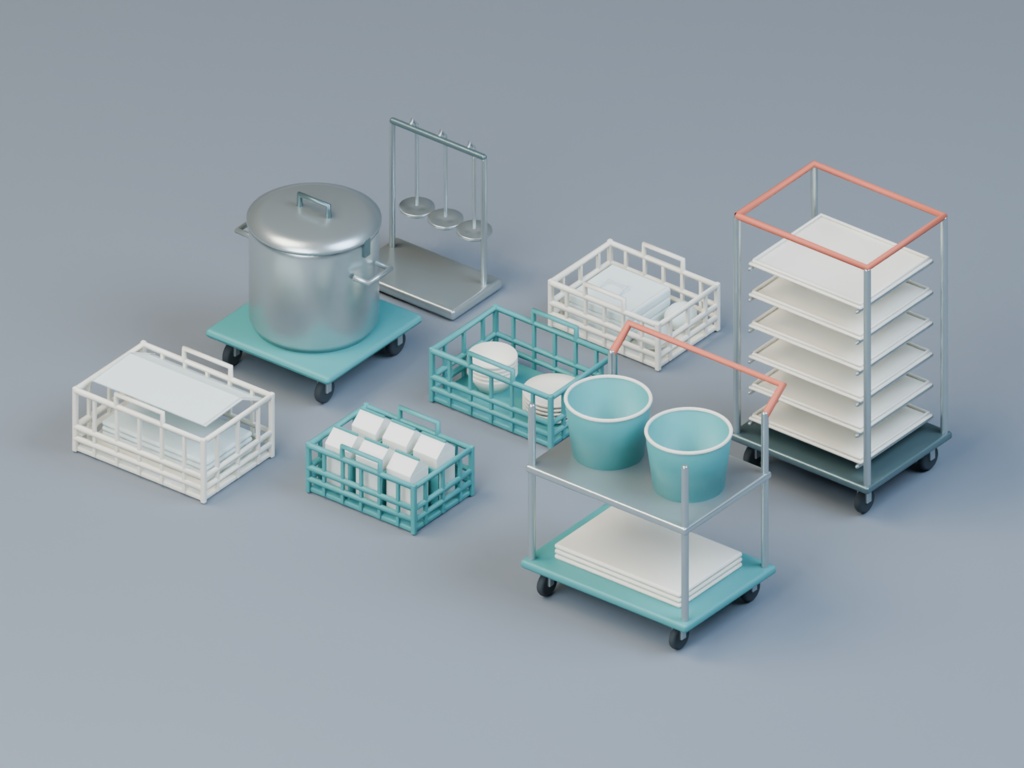 給食の配膳支度と返却整理|8部材の3D小物+配置例
