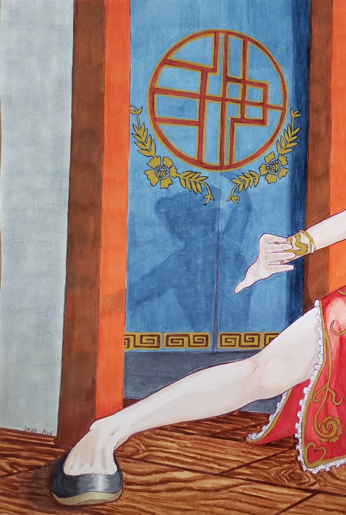 手描きイラスト オリジナル 創作 原画【チャイナな女の子とパンダさん】