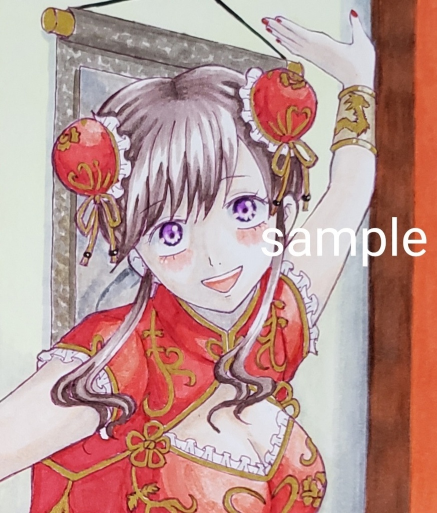 手描きイラスト オリジナル 創作 原画【チャイナな女の子とパンダさん】