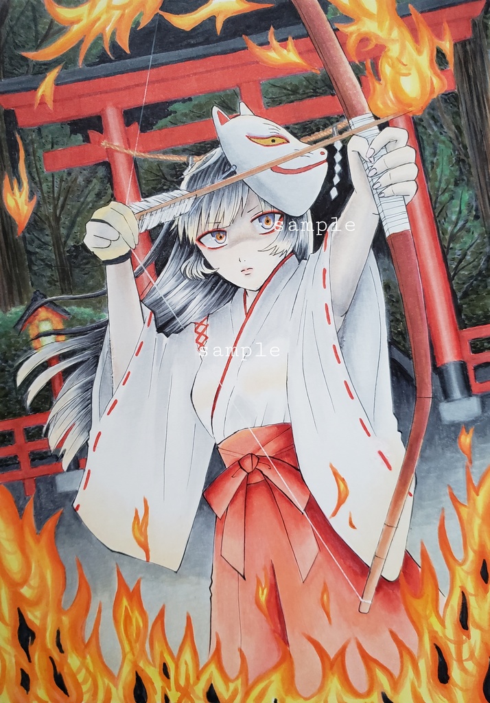 手描きイラスト オリジナル 創作 原画【狐面の巫女さん】