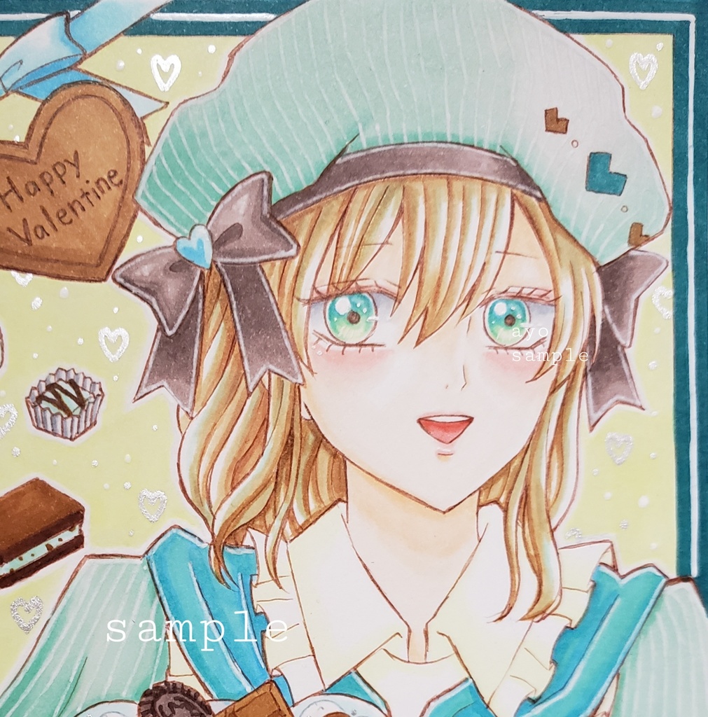 手描きイラスト　オリジナル　創作　原画　バレンタイン【チョコ×ミント専門パティシエさん】
