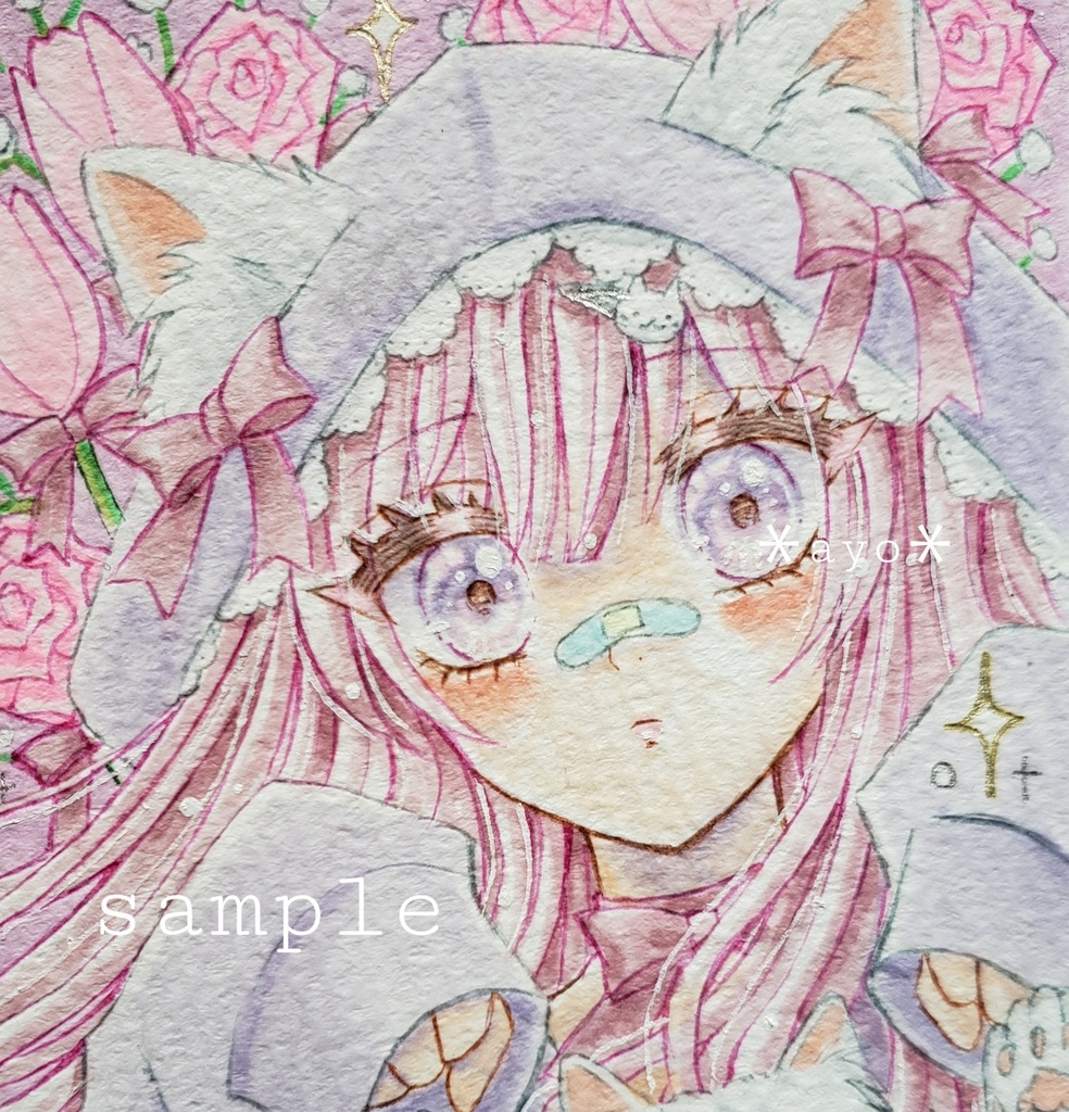 手描きイラスト　オリジナル　創作　原画　猫耳パーカーちゃん