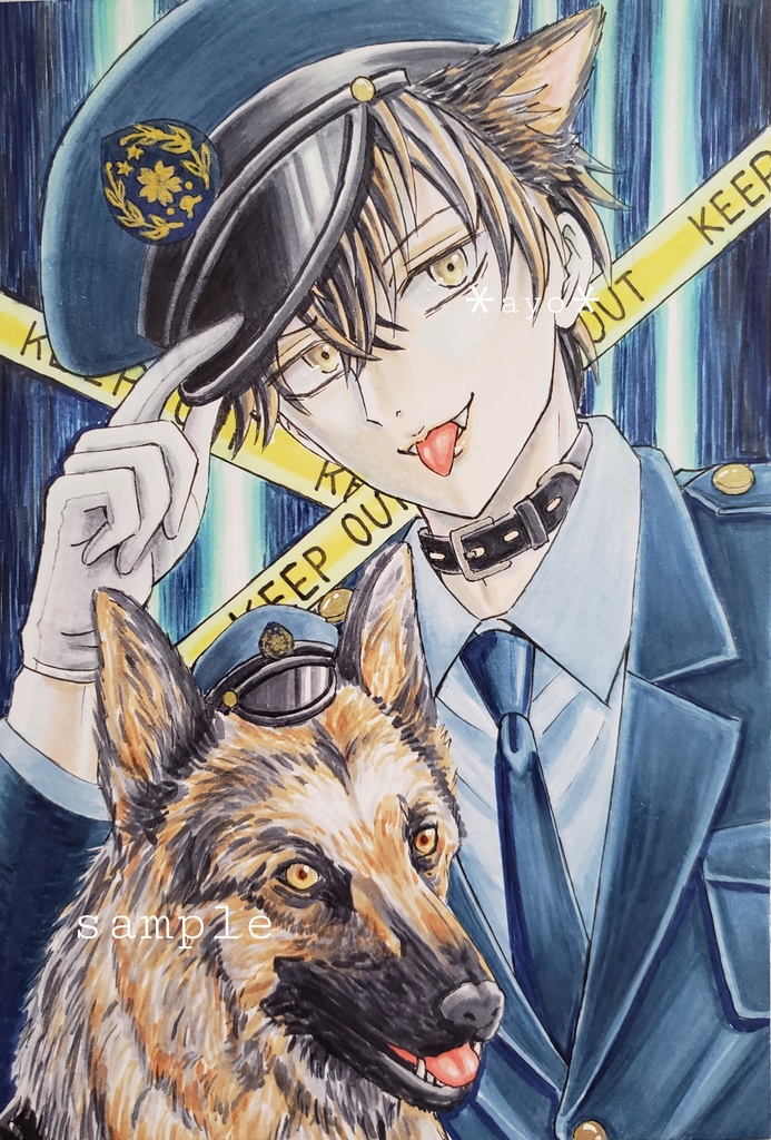 手描きイラスト 創作 原画 オリジナル 犬のおまわりさん 男性 ハロウィン