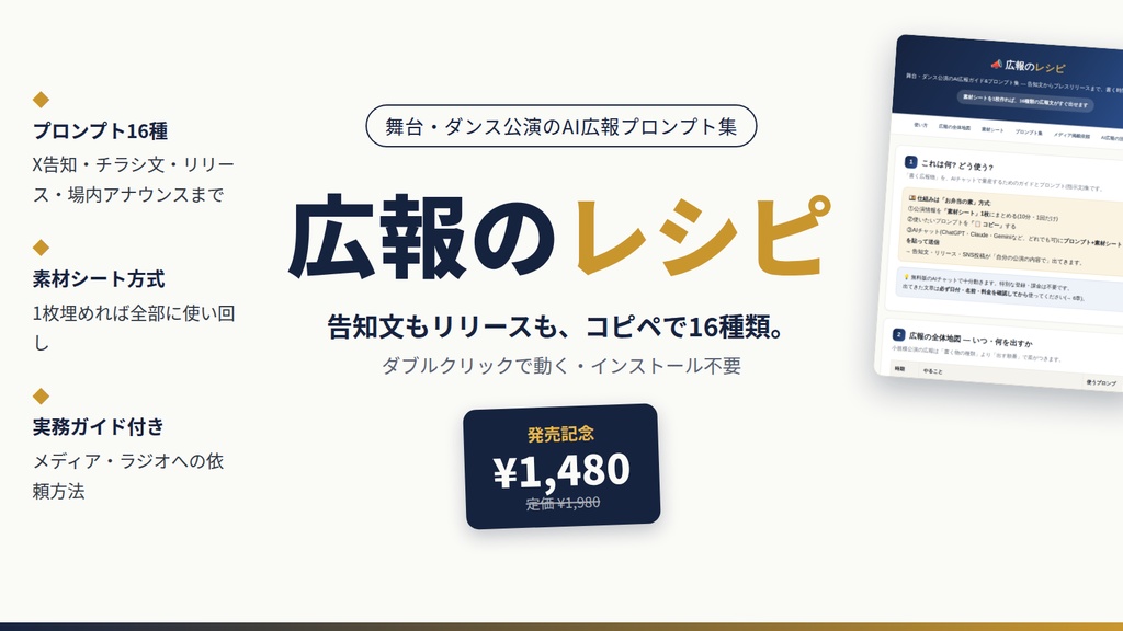 【広報のレシピ】コピペで作る公演の告知文・プレスリリース・SNS投稿|AIプロンプト16種+メディア依頼ガイド|舞台・ダンス公演向け