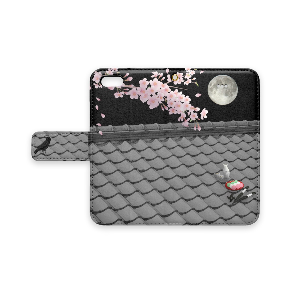 手帳型iPhoneケース(屋根上の月夜桜)