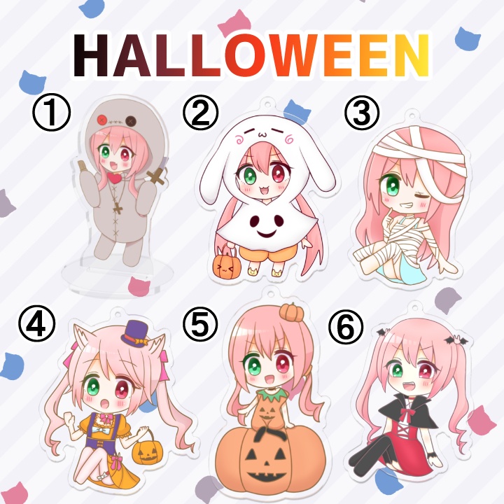 【HALLOWEEN】ハロウィングッズ🎃アクリルキーホルダー・アクリルスタンド・アクリルバッジ・シール等【VTuber/梅咲ちゃむ】