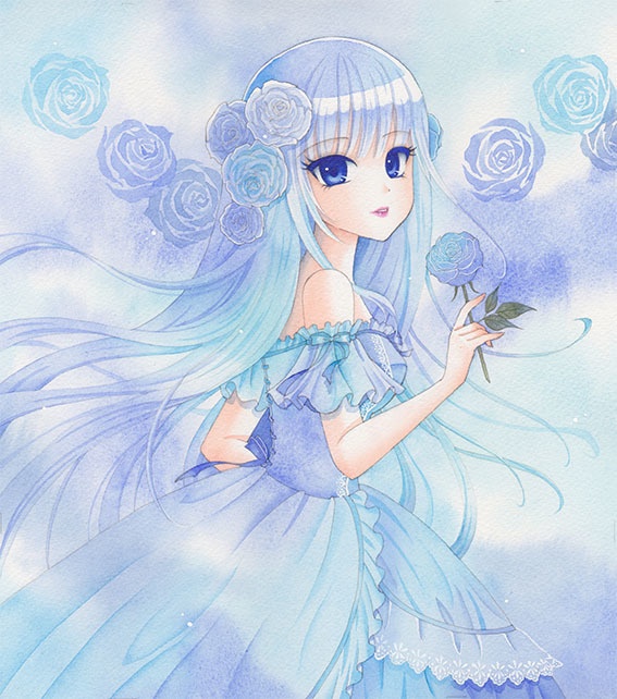 透明水彩原画「ブルーローズ」色紙サイズ