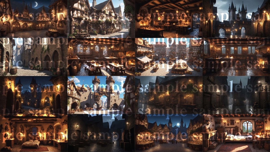 【TRPG背景素材】冒険者の街背景セット(昼・夜・雨)全51枚・おまけループ動画12個入り|王道ファンタジー背景素材集