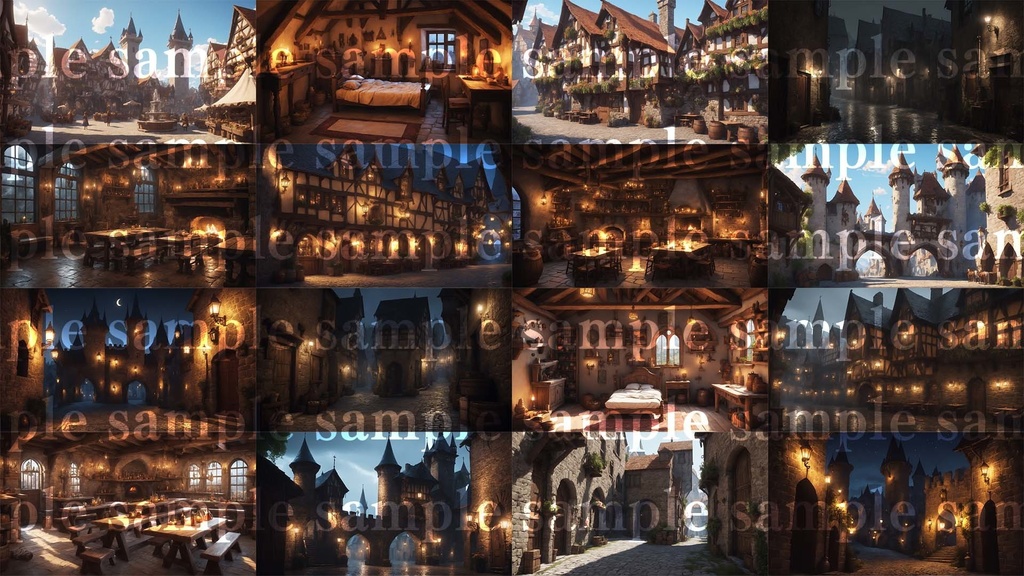 【TRPG背景素材】冒険者の街背景セット(昼・夜・雨)全51枚・おまけループ動画12個入り|王道ファンタジー背景素材集