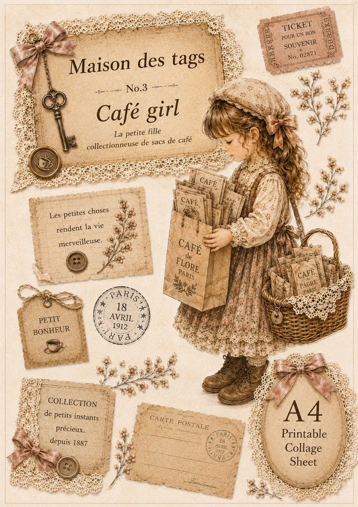 Maison des tags No.3 カフェの紙袋を集める少女|A4コラージュシート