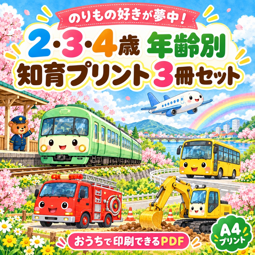 のりもの好きが夢中！2・3・4歳の年齢別 知育プリント3冊セット｜おうち学習・PDF
