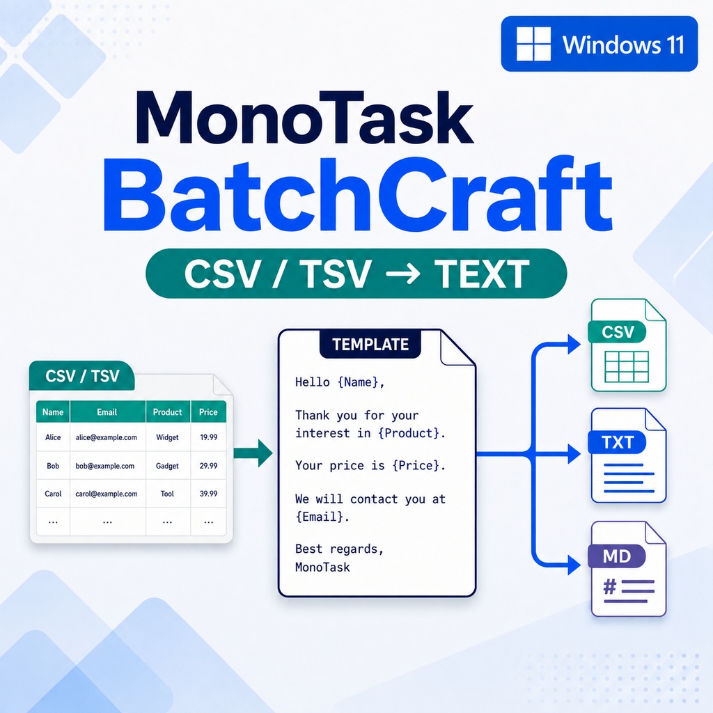 MonoTask BatchCraft｜CSV/TSVから文章を一括生成・CSV/TXT/Markdown出力【Windows 11】