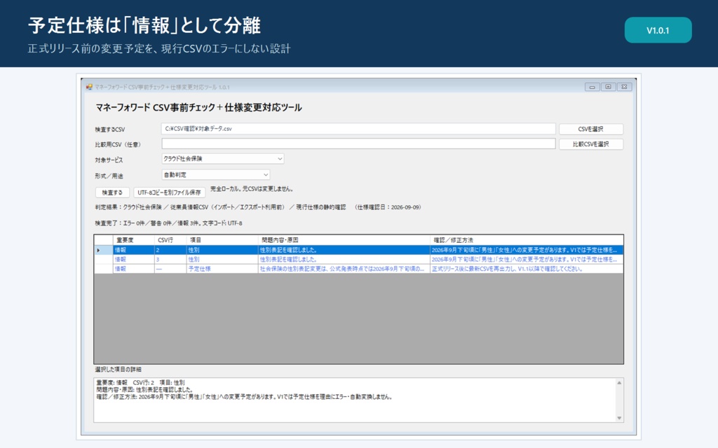 マネーフォワード関連CSV事前チェック+仕様変更対応ツール|完全ローカル・買い切り【Windows】
