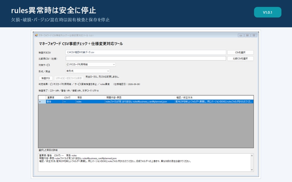 マネーフォワード関連CSV事前チェック+仕様変更対応ツール|完全ローカル・買い切り【Windows】