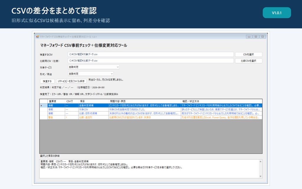 マネーフォワード関連CSV事前チェック+仕様変更対応ツール|完全ローカル・買い切り【Windows】