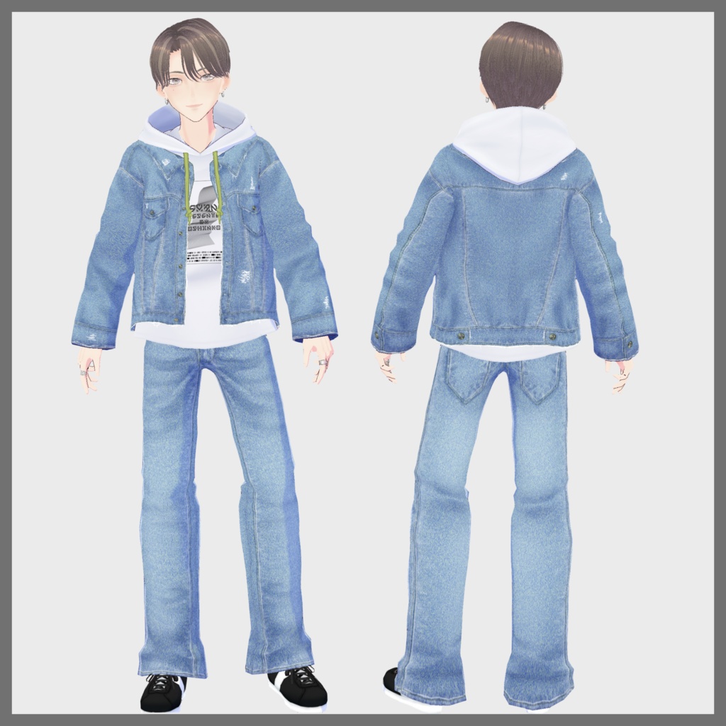 【VRoid(無料あり)】デニムジャケット&パーカーとジーンズのコーディネートセット