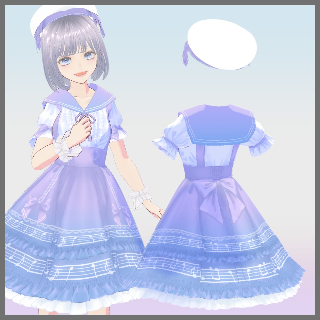 【VRoid(無料あり)】ゆめかわセーラー襟ワンピ&ベレー帽セット