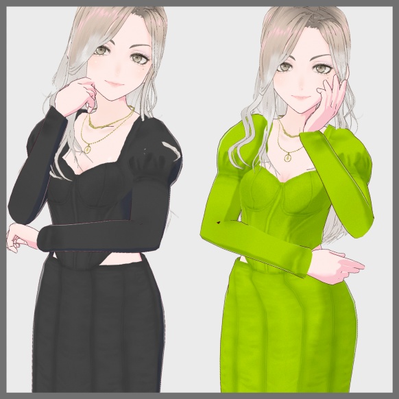 【VRoid(無料あり)】ネックレス付きパフスリーブコルセットワンピース