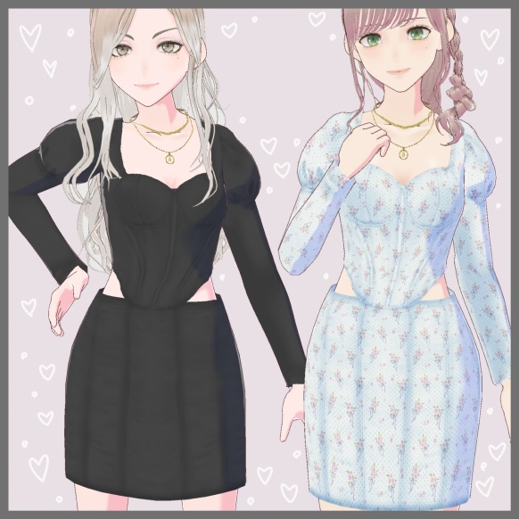 【VRoid(無料あり)】ネックレス付きパフスリーブコルセットワンピース