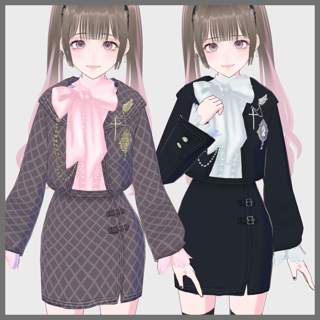 【VRoid(無料あり)】ガーリーセットアップ(リボンシャツとセーラー襟ジャケットセットアップ)