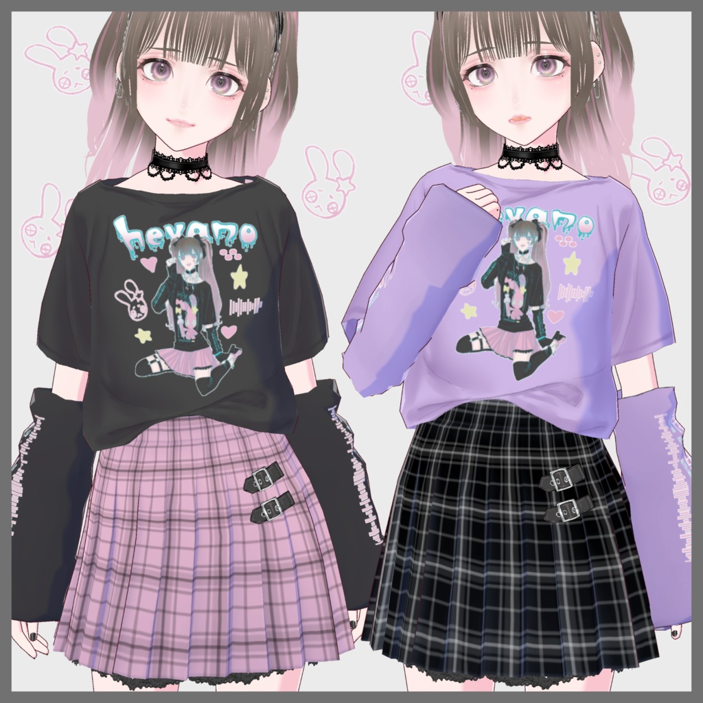 【VRoid(無料あり)】地雷系Tシャツ&チェックスカートセット