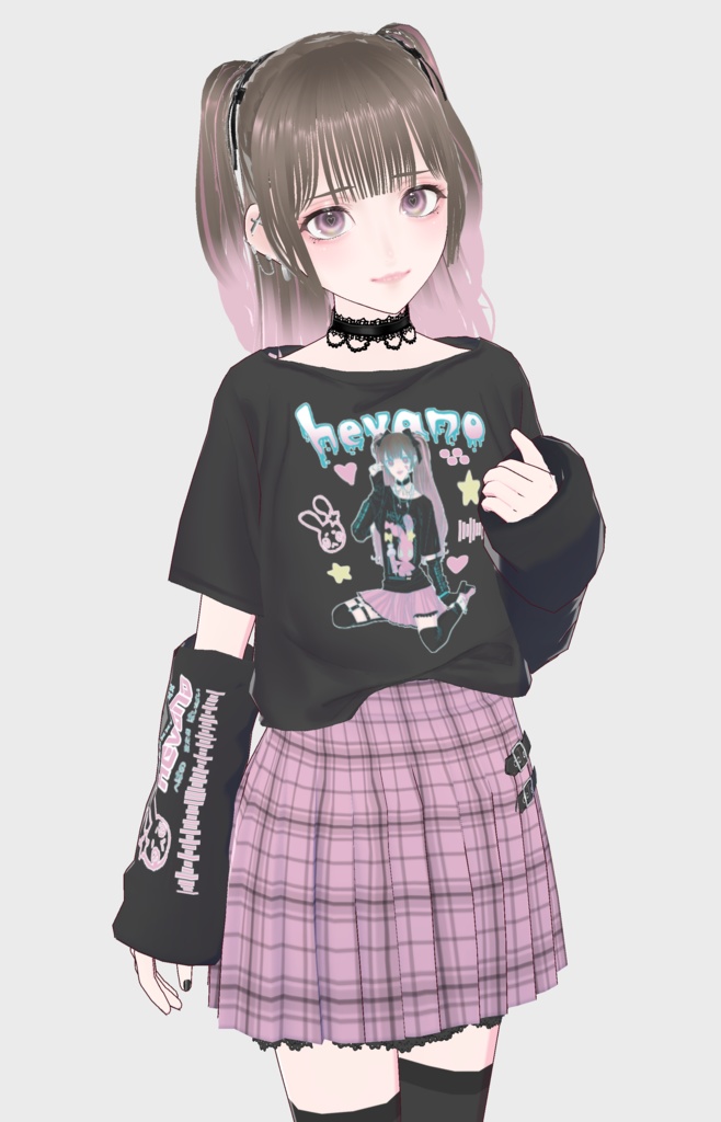 【VRoid(無料あり)】地雷系Tシャツ&チェックスカートセット