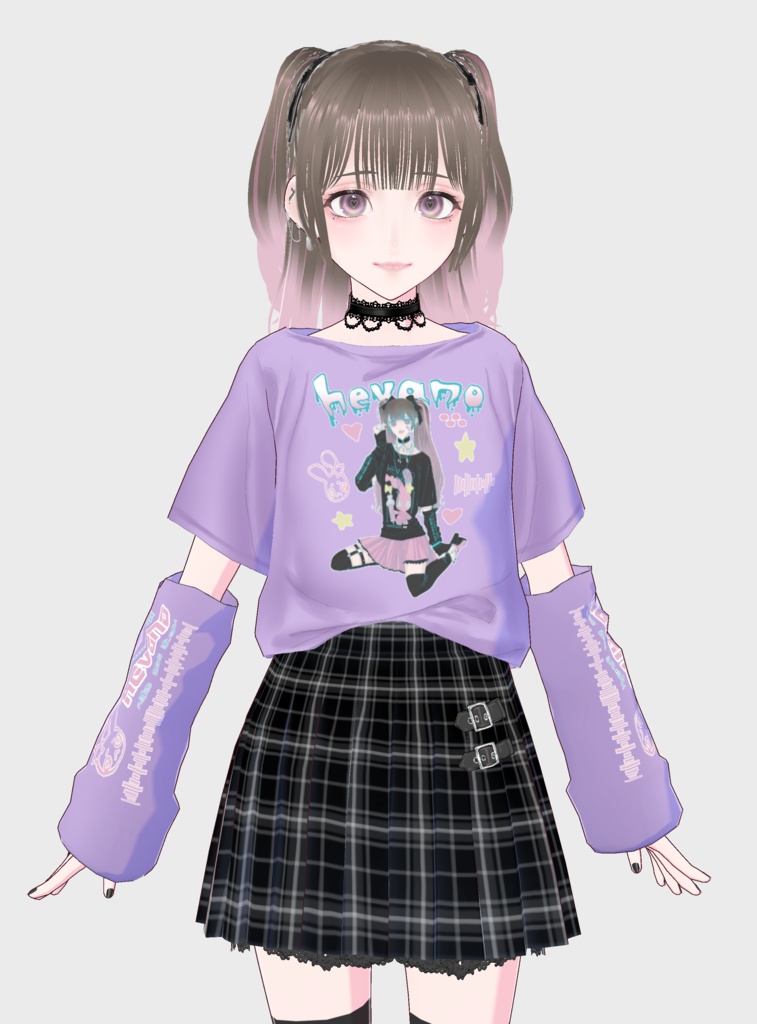【VRoid(無料あり)】地雷系Tシャツ&チェックスカートセット