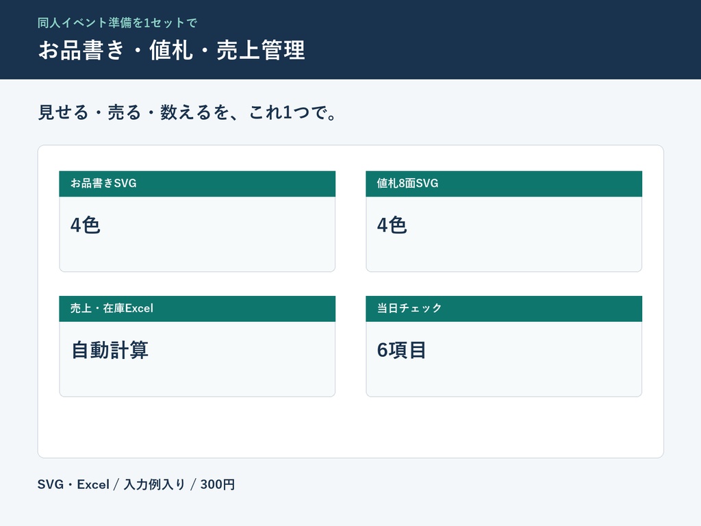 【300円】即売会お品書き・値札テンプレート4色+売上在庫Excel|Canva読込可