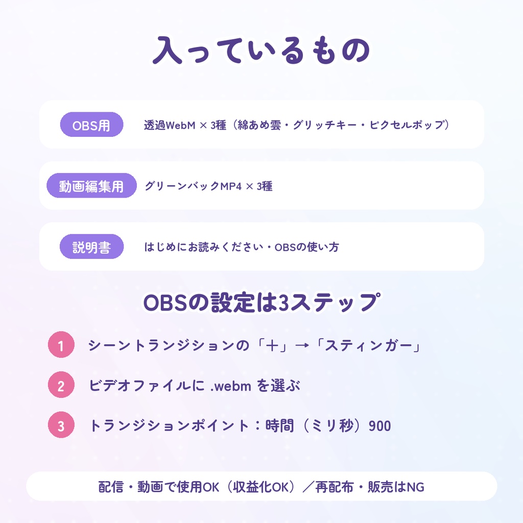 【無料DLあり】配信用スティンガー3種セット|綿あめ雲・グリッチキー・ピクセルポップ【OBS/VTuber】