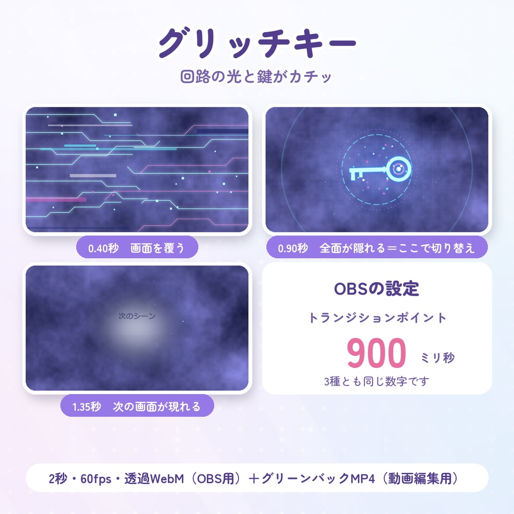 【無料DLあり】配信用スティンガー3種セット|綿あめ雲・グリッチキー・ピクセルポップ【OBS/VTuber】