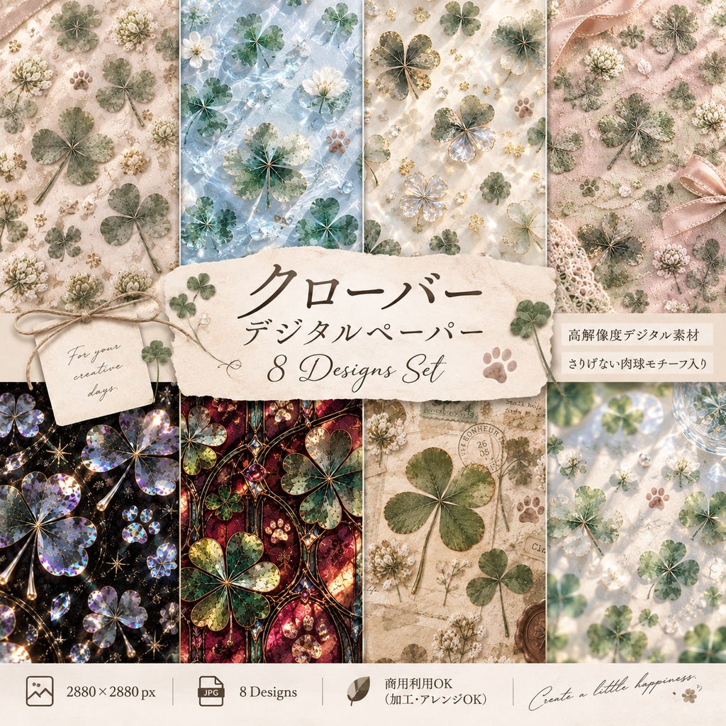 四つ葉のクローバー|シームレスデジタルペーパー8枚セット|背景素材・PNG