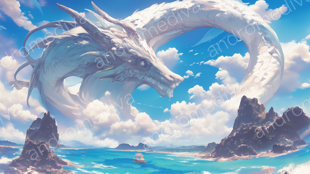 白銀の守護龍と碧い海|ファンタジー風景 PCデスクトップ壁紙(16:9 高解像度)