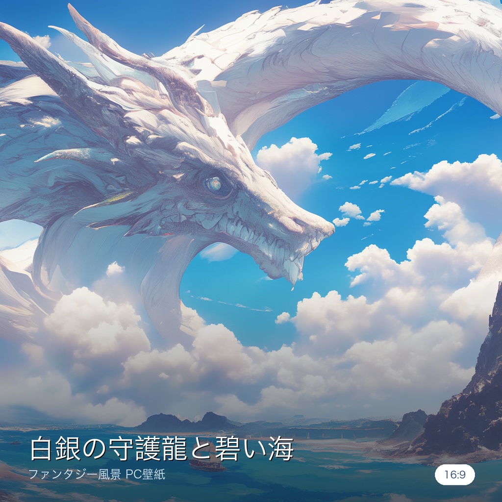白銀の守護龍と碧い海｜ファンタジー風景 PCデスクトップ壁紙（16:9 高解像度）