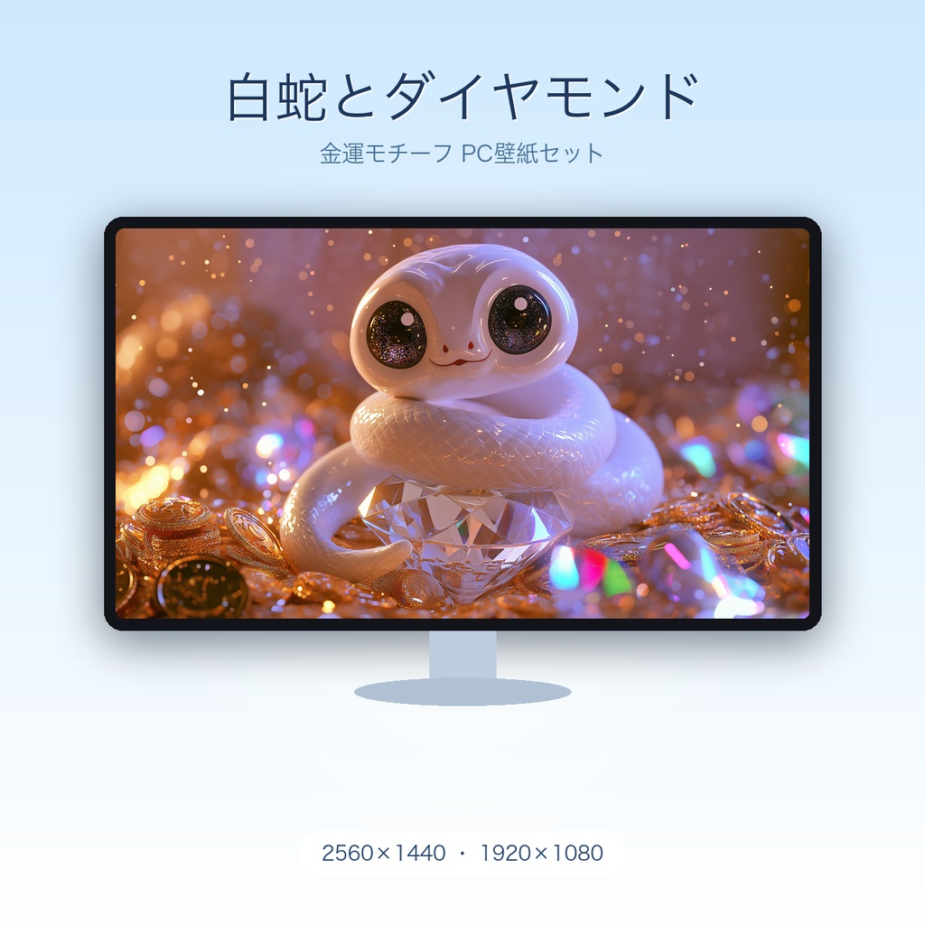 白蛇とダイヤモンド|金運モチーフの可愛いPC壁紙 2枚セット(陶器ツヤ&グリッター)