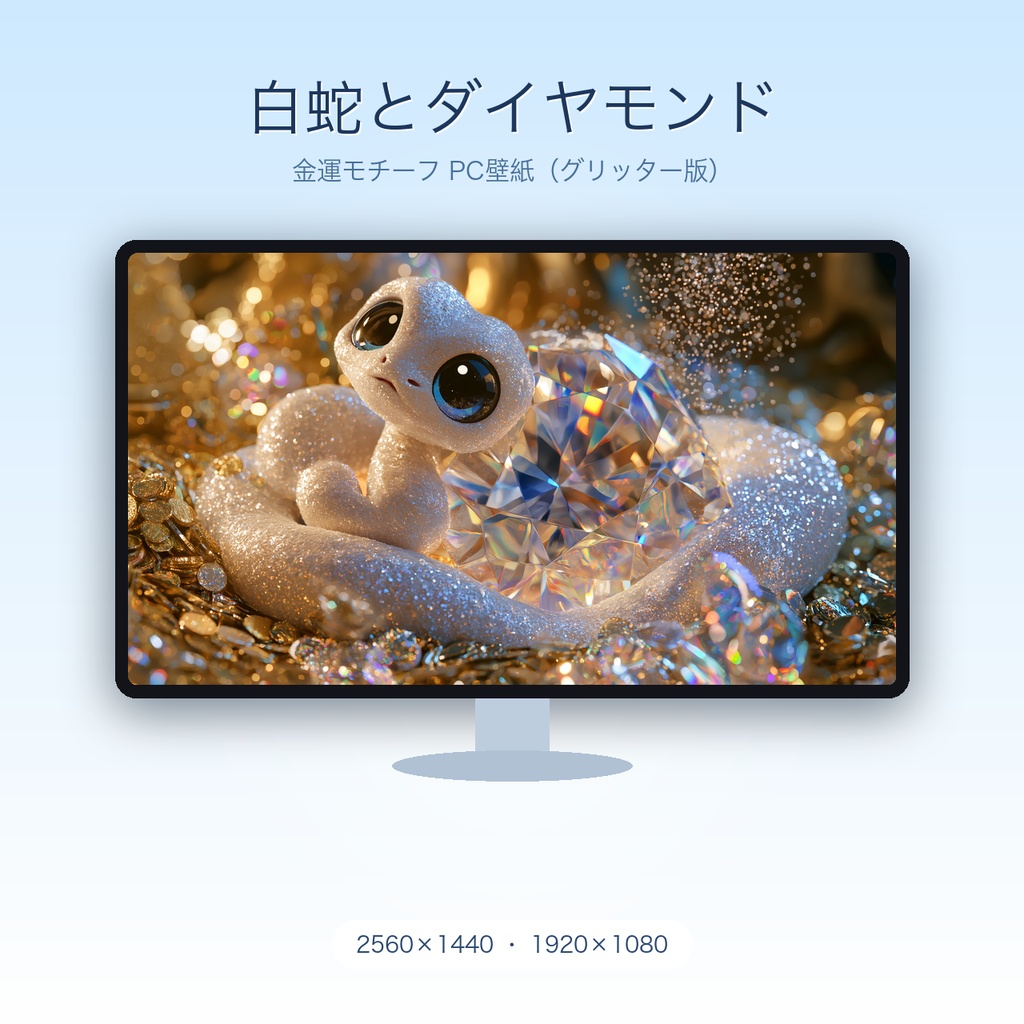 白蛇とダイヤモンド|金運モチーフの可愛いPC壁紙 2枚セット(陶器ツヤ&グリッター)