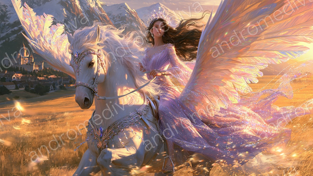 ペガサスと女神|幻想ファンタジー PCデスクトップ壁紙(16:9 高解像度) / Pegasus & Goddess — Fantasy Landscape Desktop Wallpaper