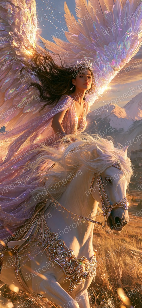 ペガサスと女神|幻想ファンタジー スマホ壁紙(縦長・4サイズ収録) / Pegasus & Goddess — Ethereal Fantasy Phone Wallpaper