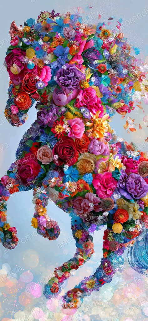 花の馬|色とりどりの花で描くフラワーアート スマホ壁紙(縦長・4サイズ) / Floral Horse — Colorful Flower Art Phone Wallpaper