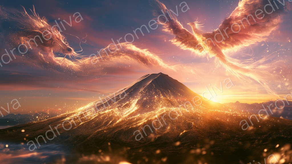 富士山上空を舞う龍と鳳凰|開運PC壁紙 2枚セット(WQHD/フルHD) / Dragon & Phoenix over Mt. Fuji — Auspicious Desktop Wallpaper (2-Set)