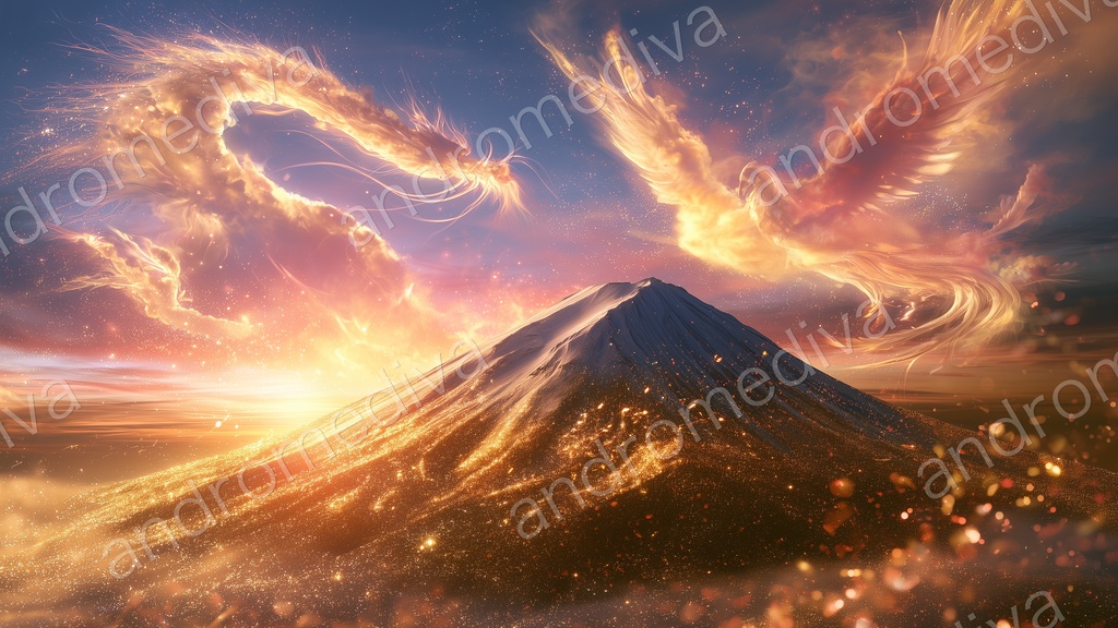 富士山上空を舞う龍と鳳凰|開運PC壁紙 2枚セット(WQHD/フルHD) / Dragon & Phoenix over Mt. Fuji — Auspicious Desktop Wallpaper (2-Set)