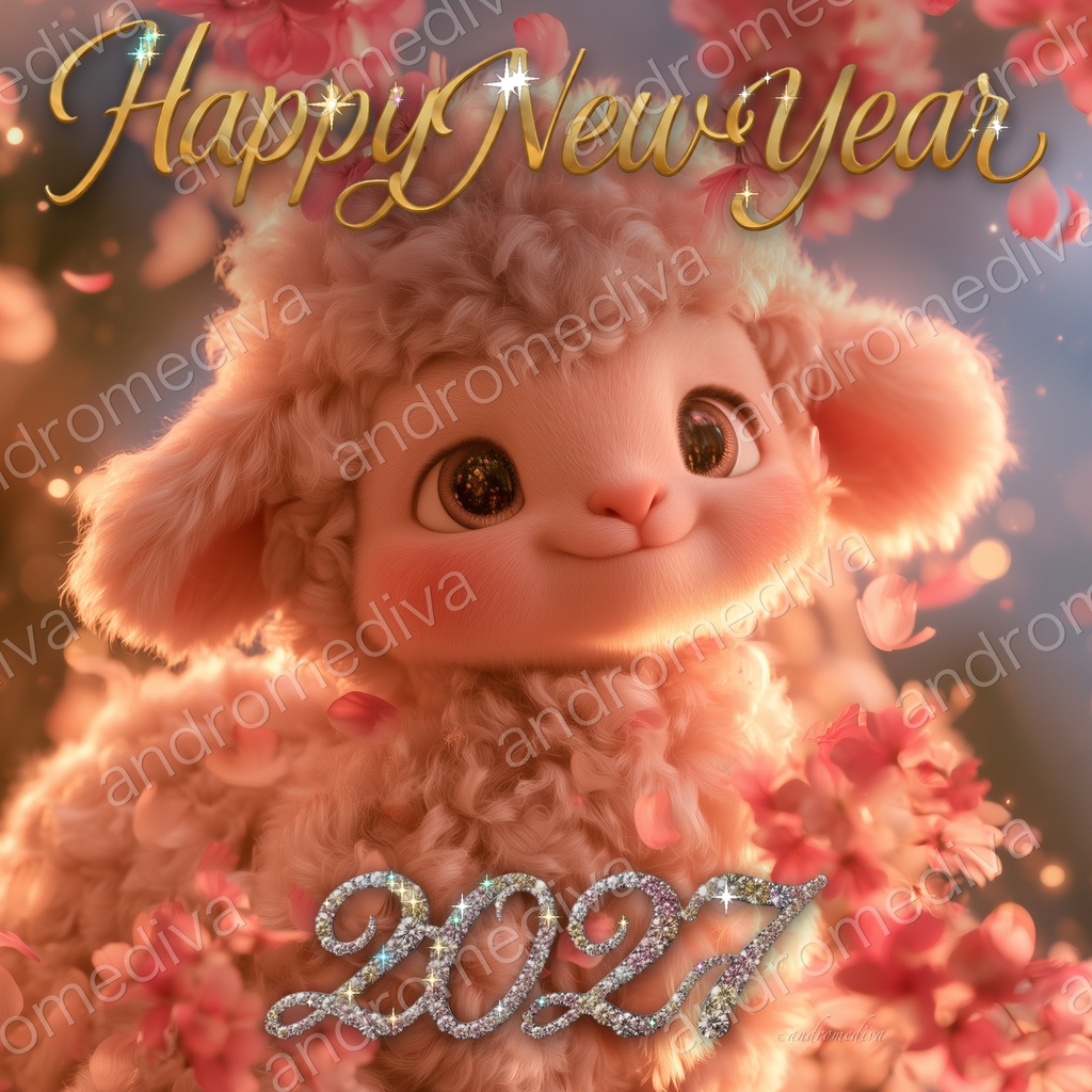 お正月メッセージカード2027|子羊と桜の煌めくお年賀画像(PNG+アニメWebP・全年齢) / New Year Card 2027 (Year of the Sheep) — Sparkling Animated Greeting